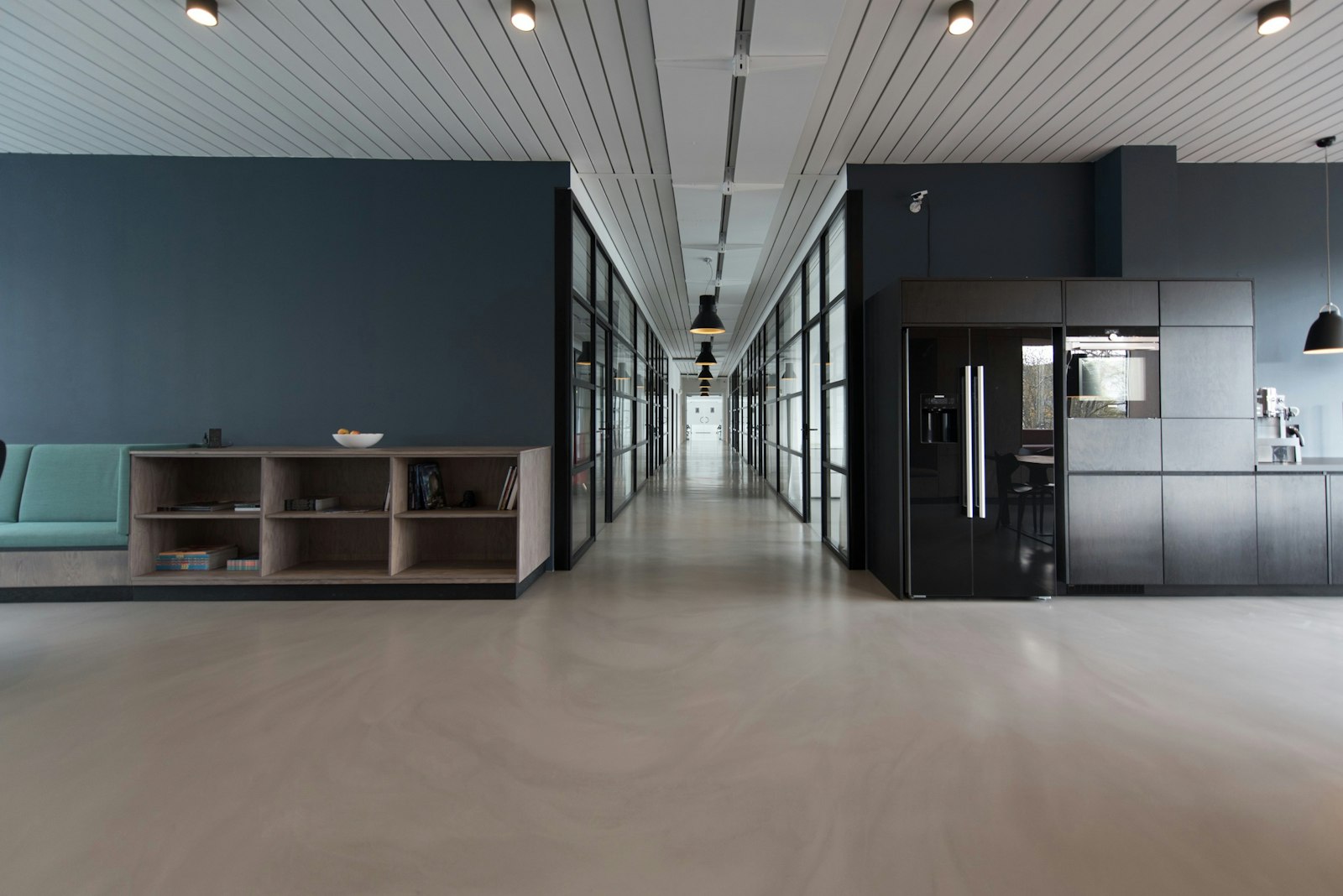 A commercial interior suitable for a professionally installed fire alarm system